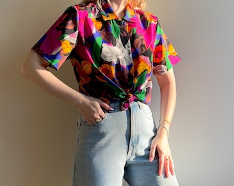 Bluzka z krótkim rękawem w stylu vintage z lat 80. z motywem kwiatowym (M/L)