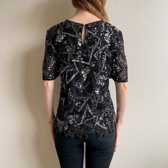 Vintage 1980s Black Sequined Triangles Blouse (S/… - image 4