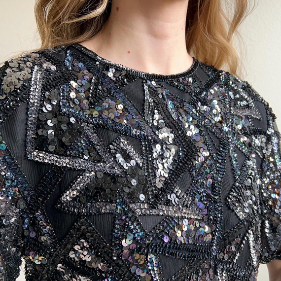 Vintage 1980s Black Sequined Triangles Blouse (S/… - image 2