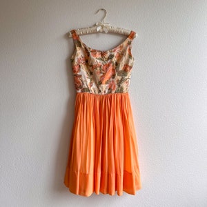 Vintage 1960s Orange Roses Silk Jacquard Dress With Chiffon Skirt (XS)