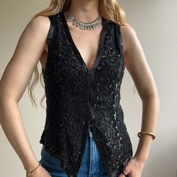 Vintage 1980s Black Beaded and Sequined Vest (M/L) - image 2