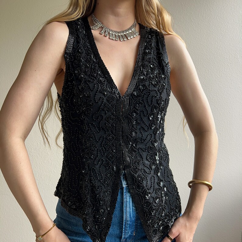 Vintage 1980s Black Beaded and Sequined Vest M/L image 2