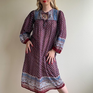 Vintage 1970er Jahre Indisches Baumwoll Midi Kleid (XS/S)