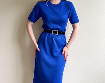 Vintage 1990s Cobalt Blue Knit Short Sleeve Sweater Dress (M)