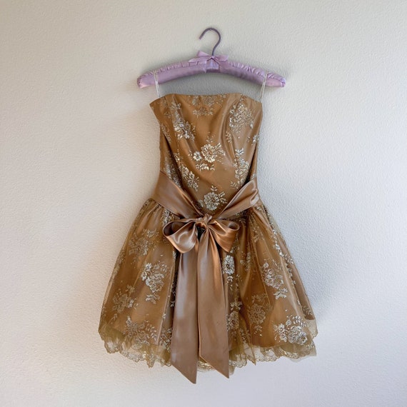 Vintage 1980s Gold Strapless Gunne Sax Mini Dress… - image 5
