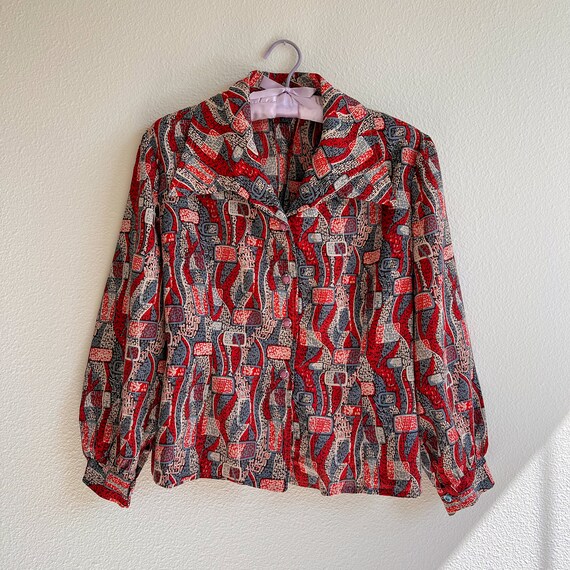 Vintage 1970s Red Abstract Novelty Print Top (M/L) - image 5