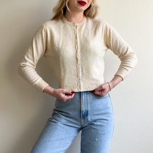 Vintage 1950s Ivory Cardigan With Iridescent Sequins (S/M)