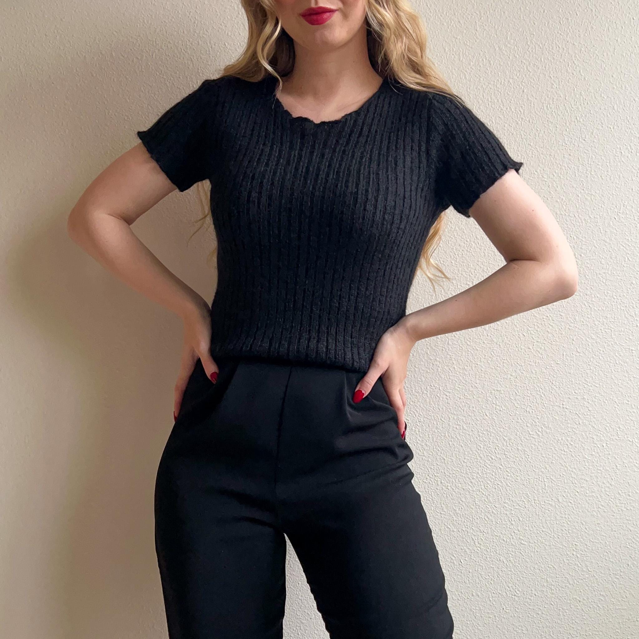 Vintage Black Short Sleeve Sweater - Etsy