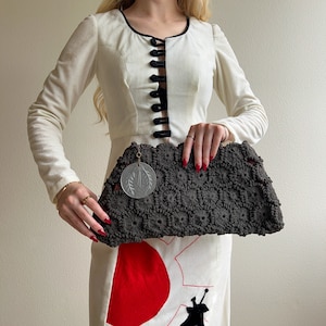 Vintage 1930s Black Crochet Clutch With Lucite Charm