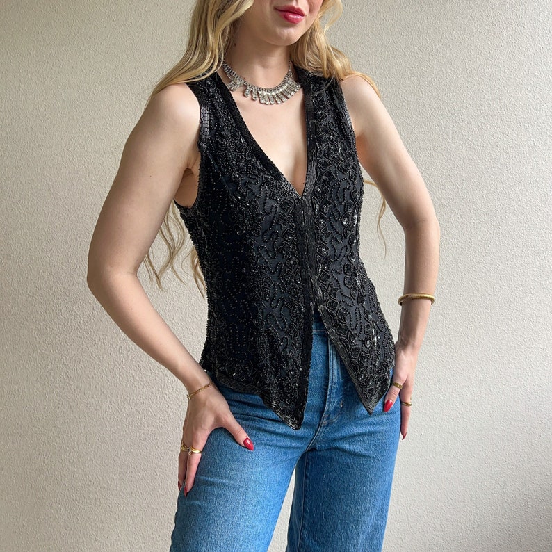 Vintage 1980s Black Beaded and Sequined Vest M/L image 1