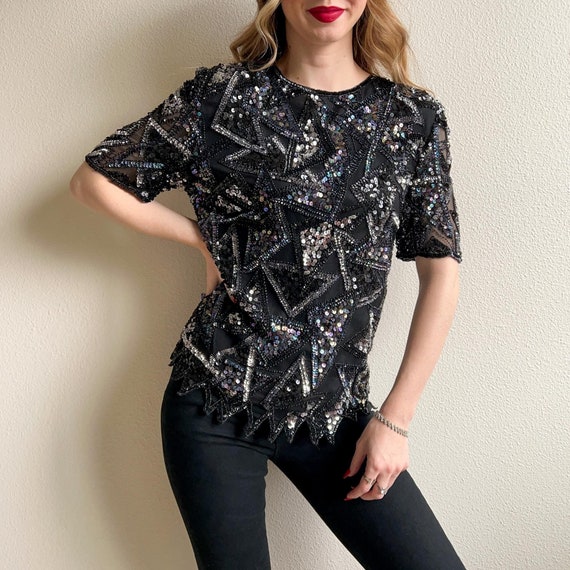 Vintage 1980s Black Sequined Triangles Blouse (S/… - image 1