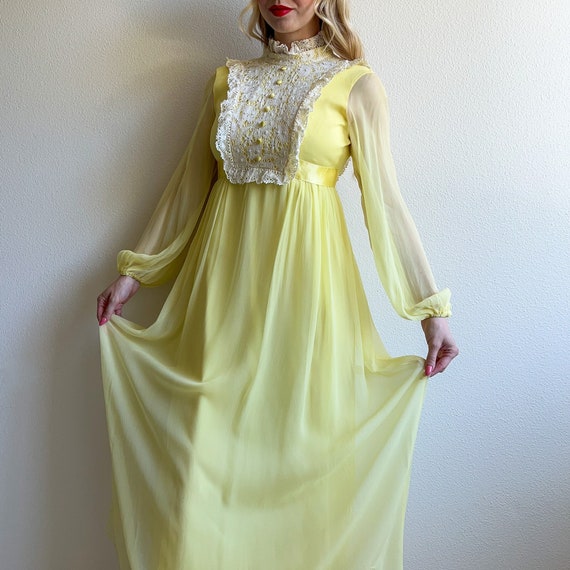 Vintage 1970s Lemon Yellow Chiffon Maxi Dress With