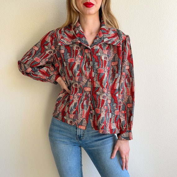 Vintage 1970s Red Abstract Novelty Print Top (M/L) - image 1