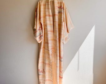 Vintage 1960s Orange Sorbet Silk Kimono With Tree and Flower Print (OSFM)