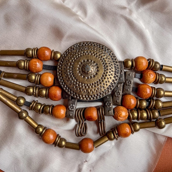 Vintage Wood And Brass Wooden Metal Adjustable Belt Boho Mod Retro One Size 80s Wood & Leather Belt Vintage Boho Fashion Belt Adjustable  main image 3