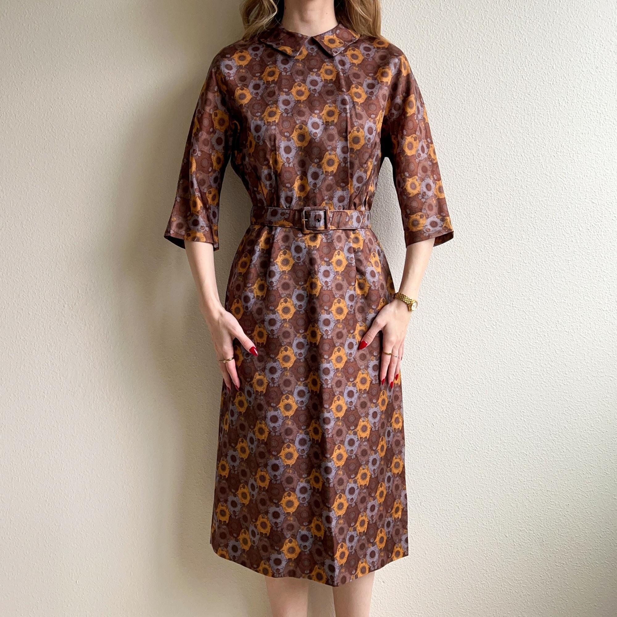Retro Silky Brown Print Dress Blue