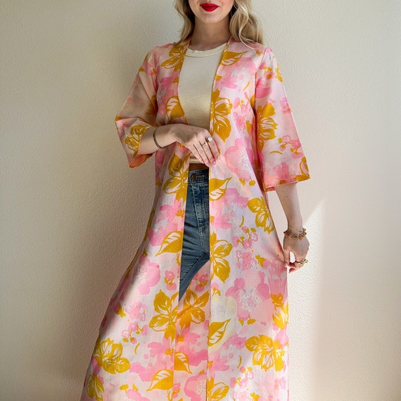 LUCIE ANN Claire Sandra, vintage 1960s Pink floral full sweep peignoir nightgown, grecian wrap pom pom dress, waterfall back robe
