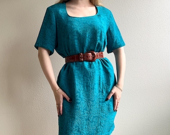 Vintage 1980s Teal Silk Jacquard Dress With Short Sleeves (L/XL)