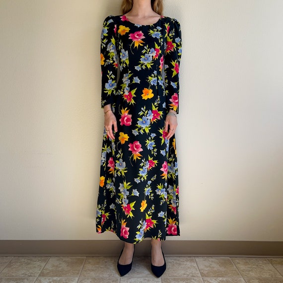 Vintage 1990s Bright Floral Print Midi Dress (XS/… - image 4