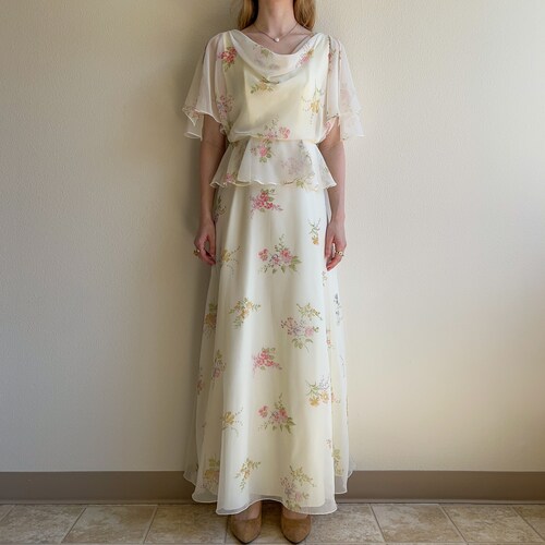 Vintage shops 1970s White Chiffon Cowl Neck Floral Peplum Dress