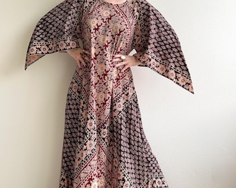 Vintage 1970s Indian Cotton Block Printed Maxi Dress (L/XL)