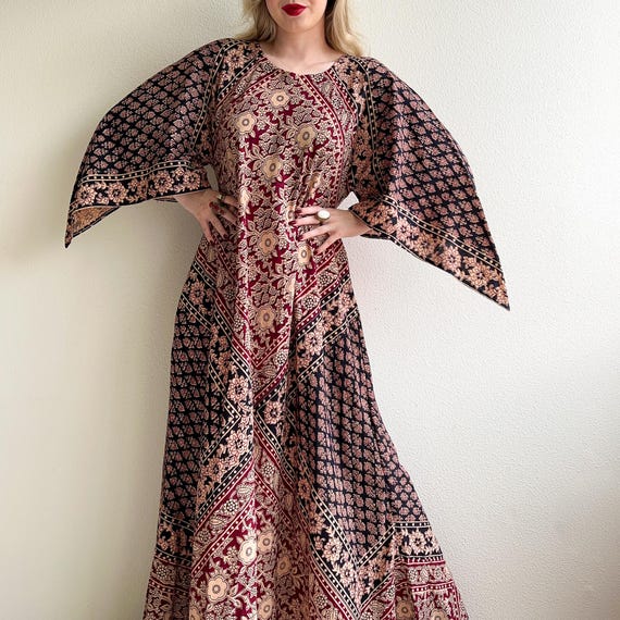 Vintage 1970s Indian Cotton Block Printed Maxi Dress (L/XL