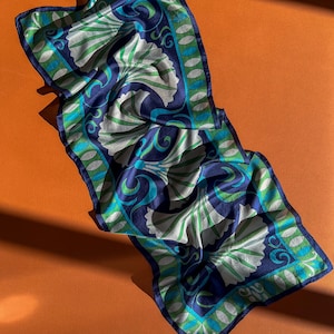 Vintage 1960s Shades of Blue Printed Silk Scarf