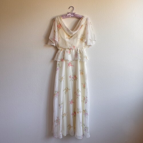 Vintage shops 1970s White Chiffon Cowl Neck Floral Peplum Dress
