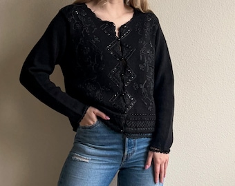 Deadstock Vintage 1990s Black Cardigan With Embroidery (M/L)