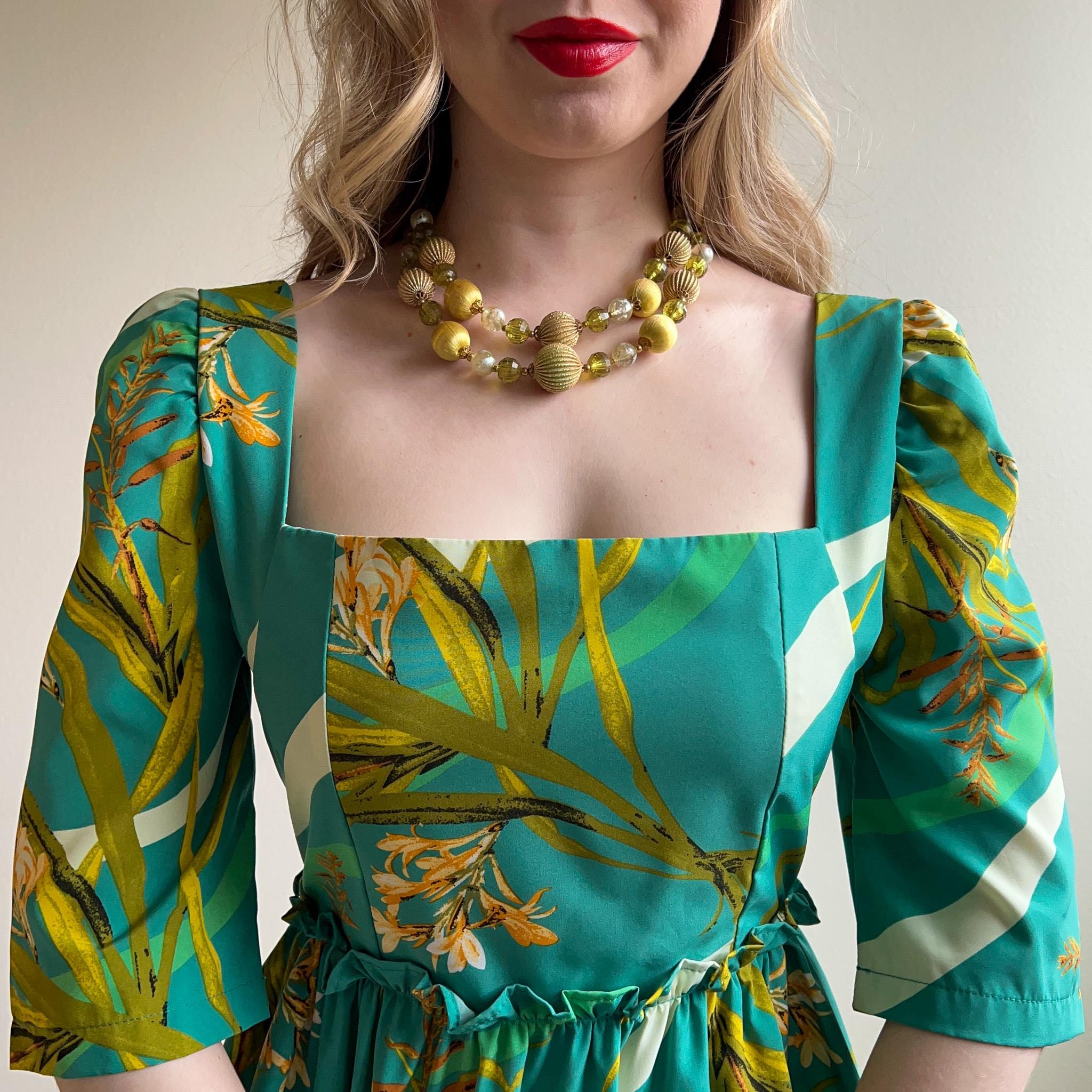 retro tropical print dress Vintage Tropical Forest Print Cotton Waisted Summer Shirt Midi Dress