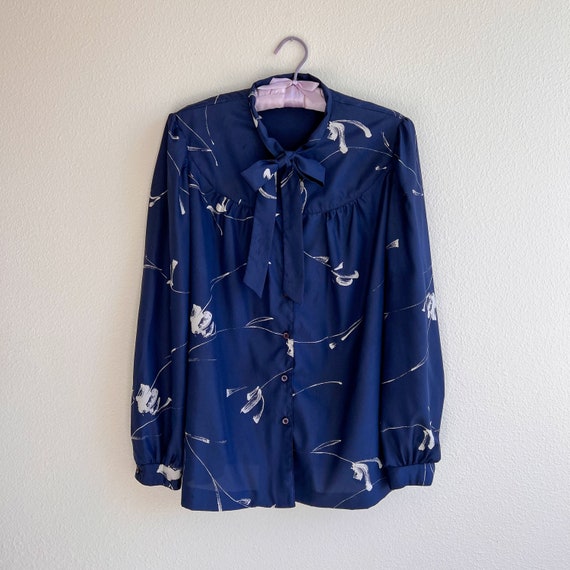 Vintage 1990s Blue Abstract Print Blouse (L/XL) - image 5