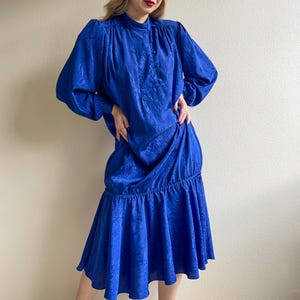 Vintage 1980s Cobalt Blue Silky Dropwaist Dress (L/XL)