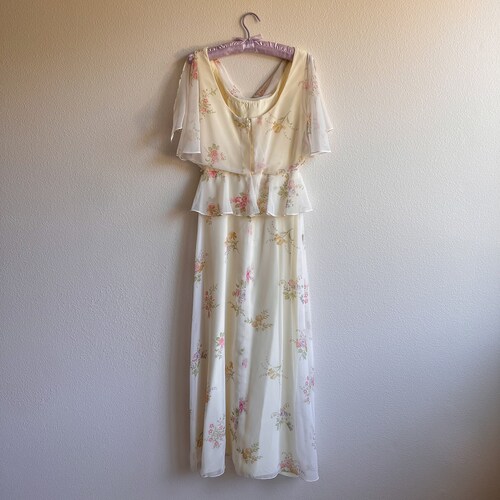 Vintage shops 1970s White Chiffon Cowl Neck Floral Peplum Dress