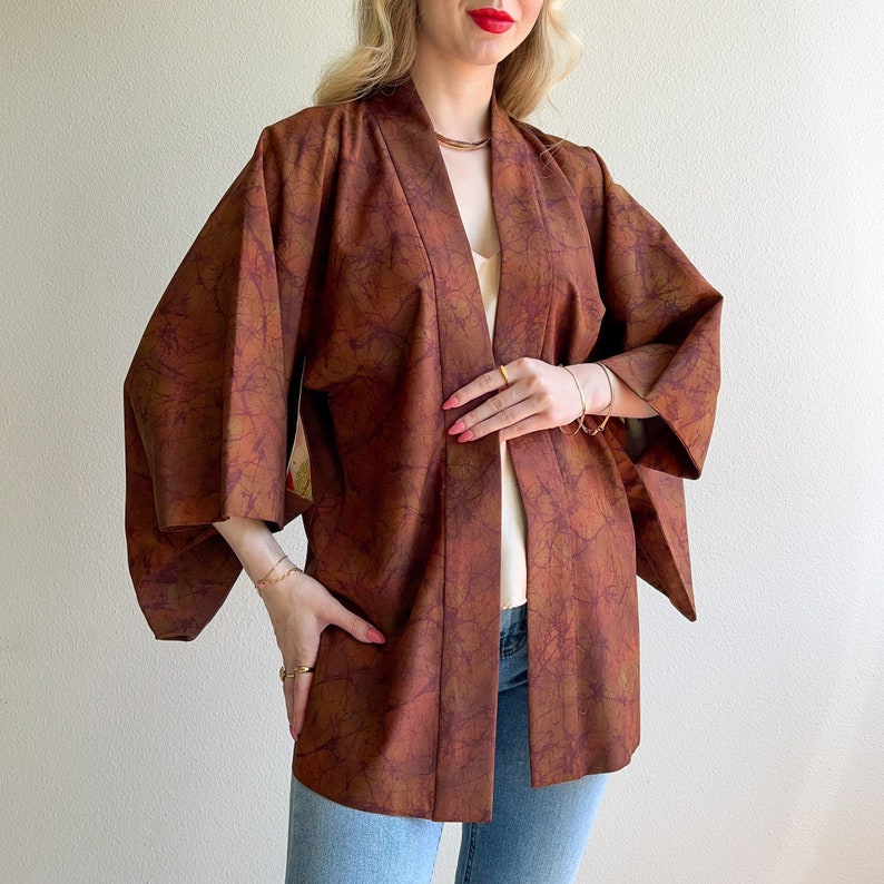 Vintage 1970s Cinnamon Abstract Pattern Kimono OSFM image 1