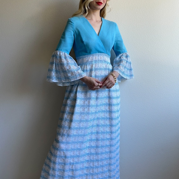 Vintage 1970s Sky Blue Bell-Sleeved Maxi Dress (S)
