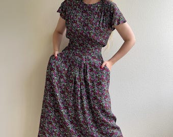 Vintage 1980s Purple Floral Print Dress With Pockets (S/M)