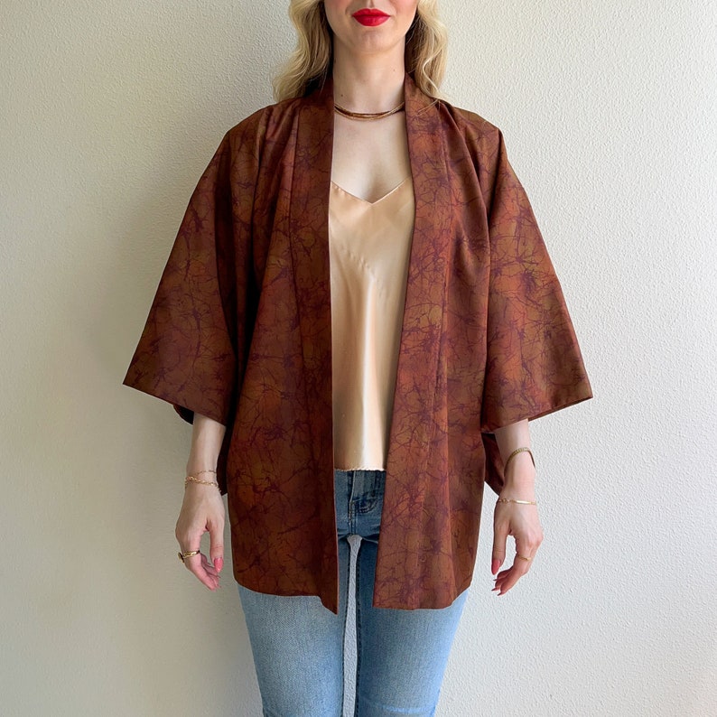 Vintage 1970s Cinnamon Abstract Pattern Kimono OSFM image 4