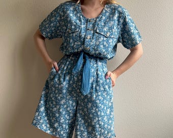 Deadstock Vintage 1980s Denim Romper With Floral Print (M)