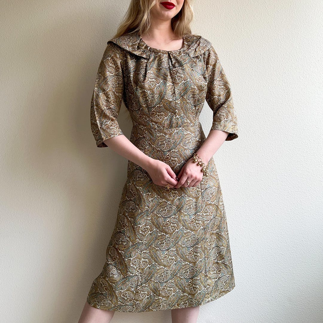 Retro Silky Brown Print Dress Blue main image 0
