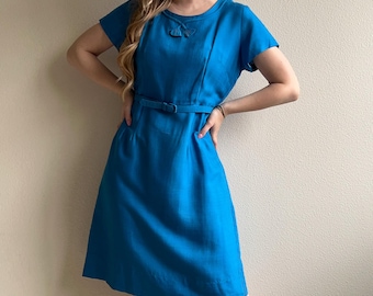 Vintage 1950s Cerulean Blue Belted Day Dress (L)