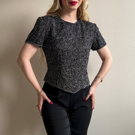 Vintage 1990s Black Beaded and Embroidered Blouse… - image 3