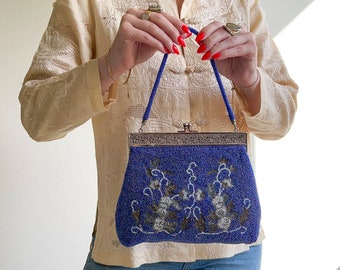 Exquisite Vintage 1940s Midnight Blue Beaded Handbag