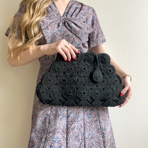 Darling Vintage 1940s Black Crochet Oversized Clutch