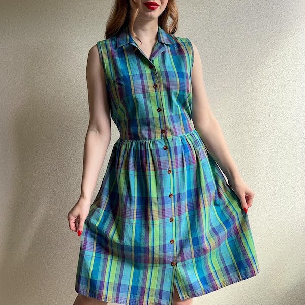 Vintage 1990s Blue and Green Plaid Cotton Summer Dress (L/XL)