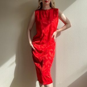 Vintage 1990s Falling Leaves Red Silk Midi Dress (S/M)
