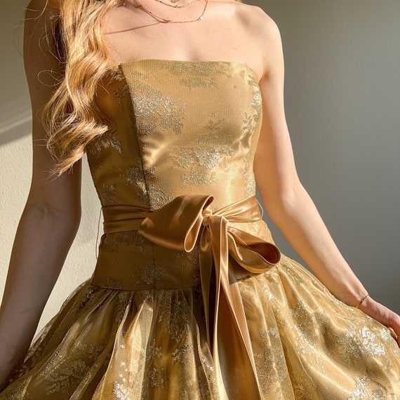 Vintage 1980s Gold Strapless Gunne Sax Mini Dress… - image 2