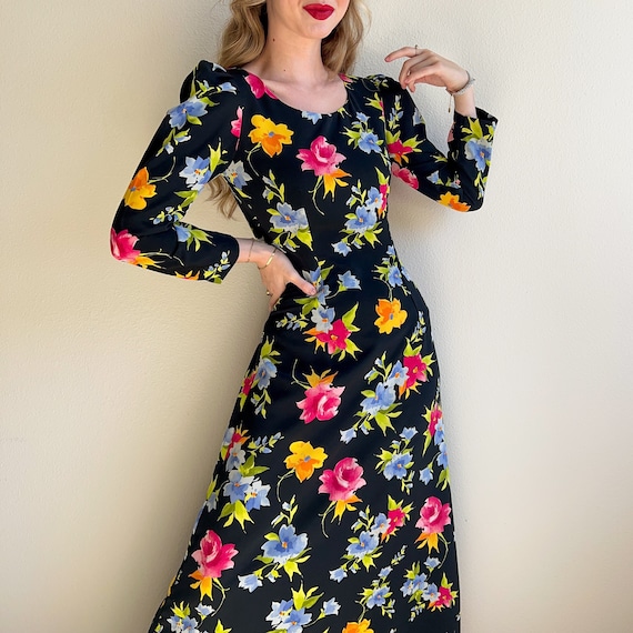 Vintage 1990s Bright Floral Print Midi Dress (XS/… - image 1