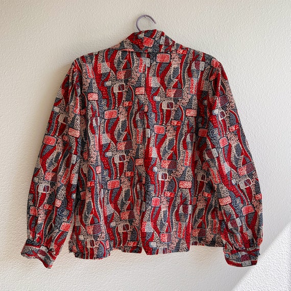 Vintage 1970s Red Abstract Novelty Print Top (M/L) - image 9