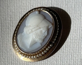Antique 14k Gold and Pearl Shell Cameo Brooch of Greek Warrior