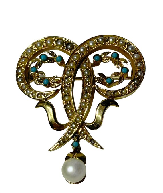 18k Gold Pearl and Turquoise Stylized Heart Ribbo… - image 4